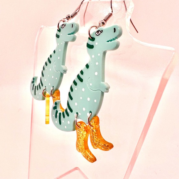 Dinosaurs With Gold Boots Earrings - Dinosaur Earrings - Trending Earrings - Picture 3 of 8